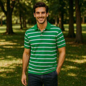 Polo Ralph Lauren Men L Green Striped 1/4 Button Casual Golf Short Sleeves Shirt